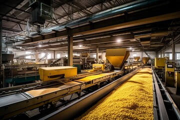 illustration,conveyor belt and machinery in a large packing house,generative ai