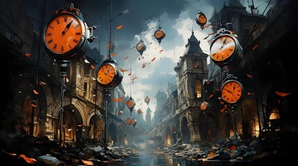 An orchestration of nonsensical elements and unexpected juxtapositions, where melting clocks intertwine with flying fish, creating a whimsical and thought-provoking wonderland.  (Generative AI) - obrazy, fototapety, plakaty