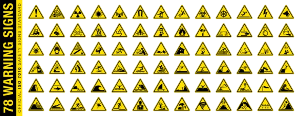 Tuinposter Full set of 78 isolated hazardous symbols on yellow round triangle board warning sign. Official ISO 7010 safety signs standard. © Crispline Design