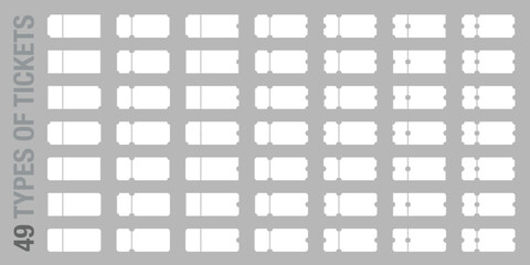 Set of 49 unique blank or empty ticket template. Cinema, theater, concert and boarding tickets, discount and sales coupons. Vector illustration isolated on transparent background.