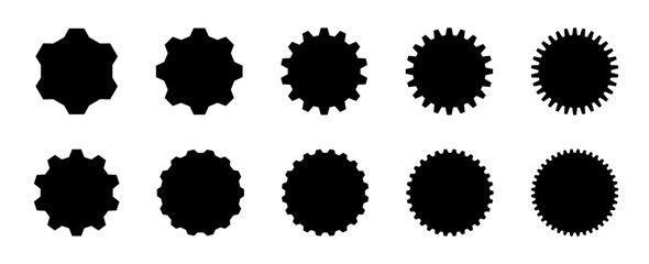 10 shapes of gears line icons. Flat machine gear icon. Wheel cogwheel vector. Simple outline isolated elements vector collection.