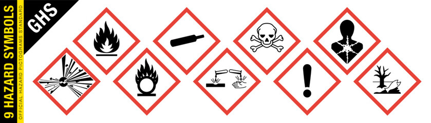 Full set of 9 isolated hazardous material signs. Globally Harmonized System Warning Signs GHS. Hazmat isolated placards. Official Hazard pictograms standard. - obrazy, fototapety, plakaty