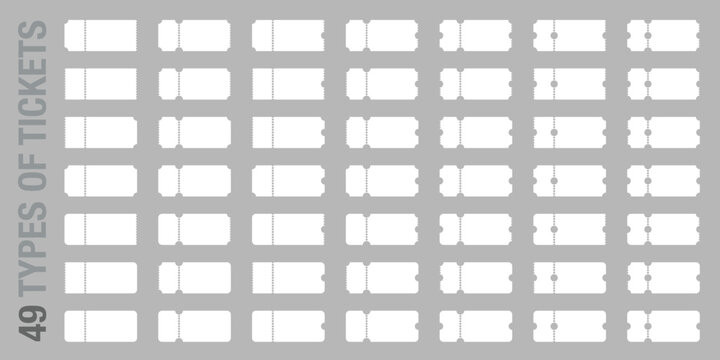 Set of 49 unique blank or empty ticket template. Cinema, theater, concert and boarding tickets, discount and sales coupons. Vector illustration isolated on transparent background.