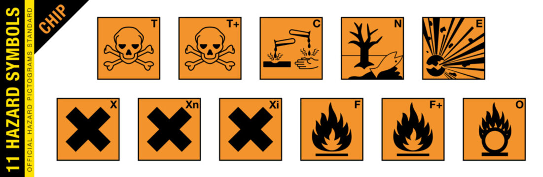 Full set of 11 isolated hazardous material signs. Chemicals Hazard Information and Packaging for Supply CHIP. Hazmat isolated placards. Official Hazard pictograms standard.
