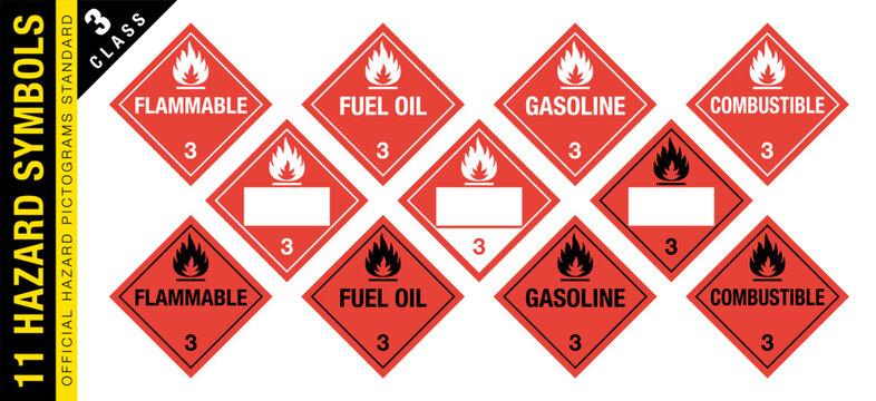 Full set of 11 Class 3 isolated hazardous material signs. Fuel oil, combustible, gasoline, flammable. Hazmat isolated placards. Official Hazard pictograms standard.