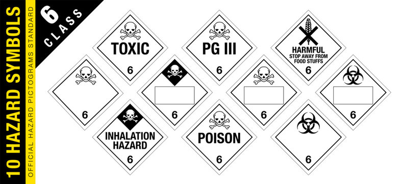 Full set of 10 Class 6 isolated hazardous material signs. Toxic, inhalation, poison, harmful. Hazmat isolated placards. Official Hazard pictograms standard.