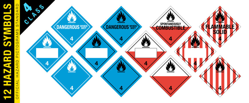 Full set of 12 Class 4 isolated hazardous material signs. Dangerous, spontaneously combustible, flammable solid. Hazmat isolated placards. Official Hazard pictograms standard.