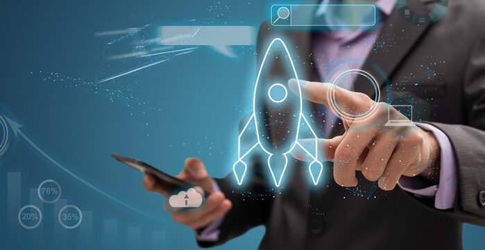 View of a Hand drawn concept made of icon of launching a start up company 