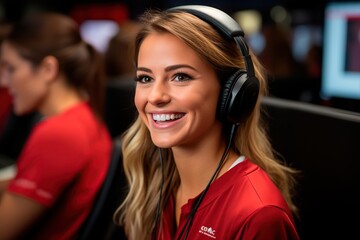 A woman in headphones with a microphone works in a call center. Helpdesk employee, helpline. AI generation