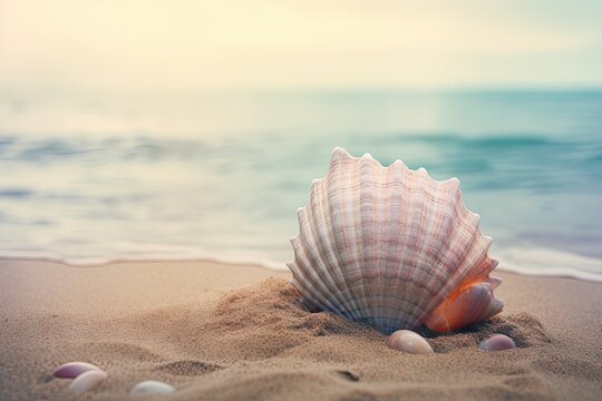 shell is resting on the sand near the water Generative AI
