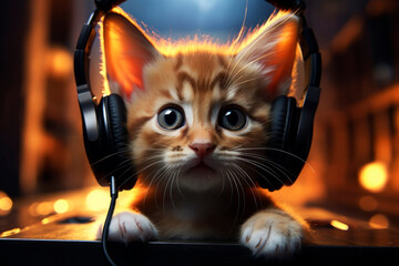 Funny cat in headphones. Generative AI - obrazy, fototapety, plakaty