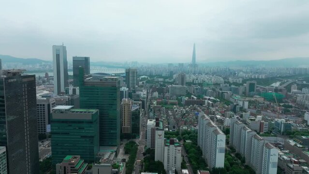 Drone View of Seoul city in South Korea, Gangnam road 60fps