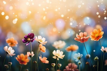 Vibrant Flower Meadow with Sunbeams and Bokeh. Generative AI