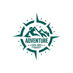 Adventure Logo with Mountain and Compass Design Vector Illustration Template
