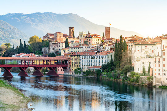 Old town of Bassano Del Grappa overlooking river Brenta at sunrise, Vicenza province, Veneto
