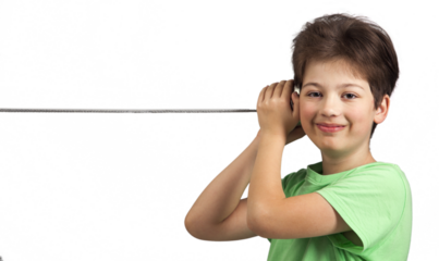 Boy Playing with Tin Can Phone. isolated on transparent background