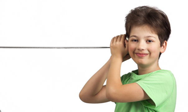 Boy Playing with Tin Can Phone. isolated on transparent background