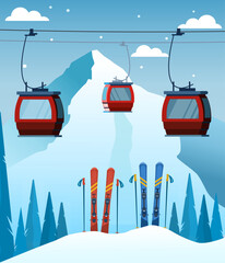 Red ski equipment at the ski resort. Snowy mountains and slopes, winter evening and morning landscape, Snowboarding, skiing, snow, sports, winter mountain landscape, snowy peaks and slopes. © Lianella R