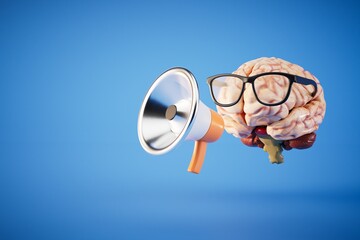 The concept of propaganda among people. A brain with a loudspeaker on a blue background. 3D render