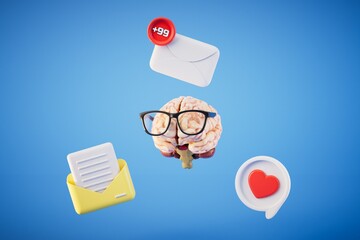 communication in social networks. the brain around which the icons of posts and likes. 3D render
