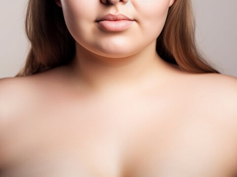 Chest, shoulders and lower part of the head of a very plump young woman, close-up. Generative AI
