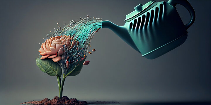A watering can waters the human brain growing like a flower in a pot. Generative AI
