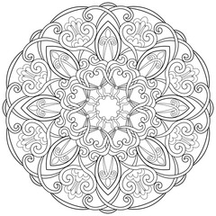 Colouring page, hand drawn, vector. Mandala 211, ethnic, swirl pattern, object isolated on white background.