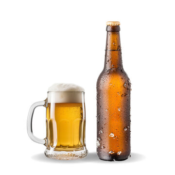 Glass of beer with beer bottle isolated on white background