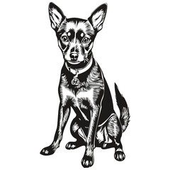 Miniature Pinscher dog t shirt print black and white, cute funny outline drawing vector sketch drawing