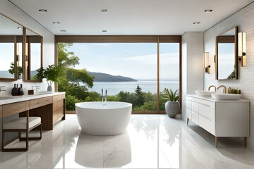 Fototapeta na wymiar A luxurious master bathroom with a freestanding soaking tub made of polished white marble
