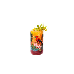 Summer fruit cocktail in a beautiful glass with an image of an exotic bird. Vector illustration