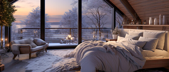 A hotel resort bedroom with a view of a snowy winter scene. The interior design is modern and simple. The balcony has a fire to keep you warm as you enjoy the views of nature