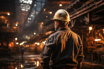 A man in a helmet on the background of a construction site. AI generative.