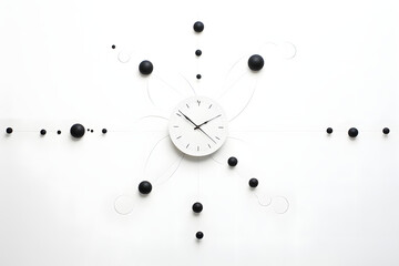 White modern clock on a white background surrounded by black dots