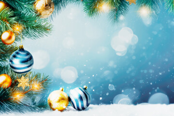 Fototapeta na wymiar Christmas and New years eve Background. Beautiful Winter Holiday Template with Christmas gold and blue balls on Christmas tree on blue background with snow and bokeh effect and copy space for design