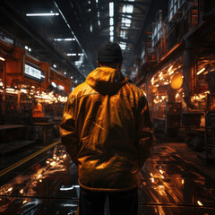 A man in work clothes stands with his back against the backdrop of a factory. AI generative.
