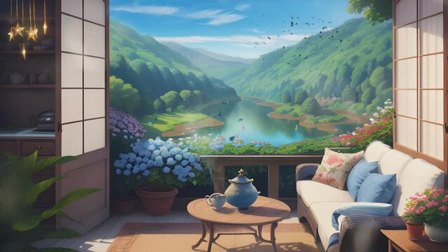 Beautiful and peaceful fantasy landscape background seen from the balcony of the house. Animation with Japanese anime or cartoon style that repeats continuously.