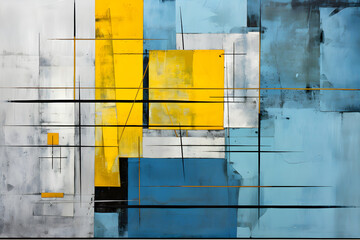 Abstract geometric art with blue and bold yellow rectangles and lines