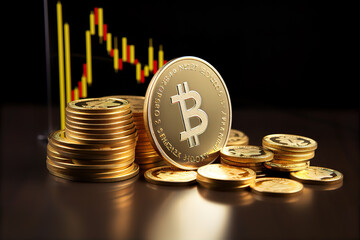 Golden bitcoin cryptocurrency coins and stock market chart 