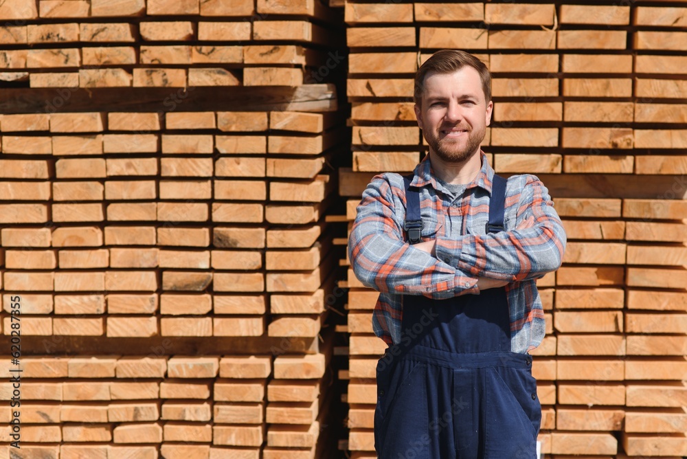 Wall mural joiner in uniform check boards on timber mill