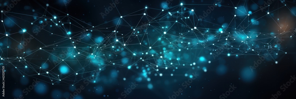 Poster vibrant digital banner: lines and dots symbolize network connections, data exchange, network grid