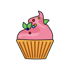 Sweet cupcake icon with pink cream and green leaves and colorful sprinkles. For flyers, postcards, stickers, posters, decorations.