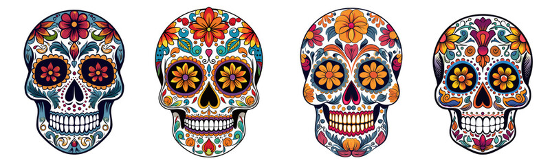 Mexican skulls set. Dia de los muertos shugar colorful heads on transparent background