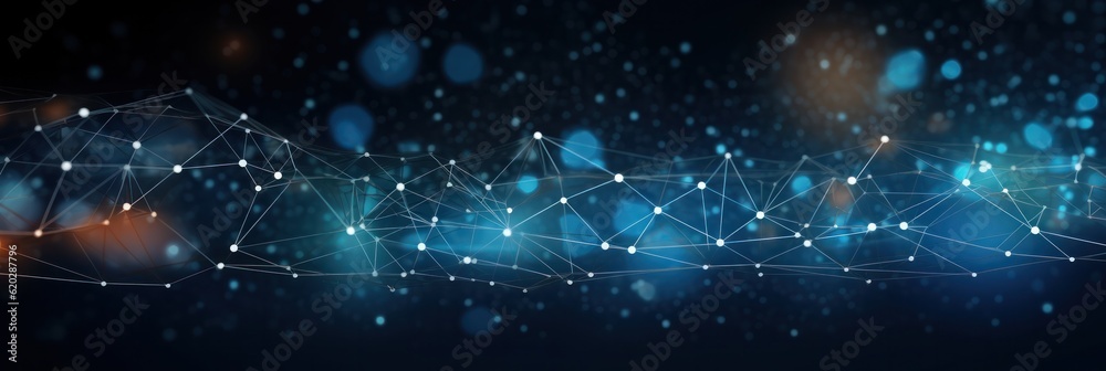 Poster network banner: lines and dots symbolize network connections, network grid abstract background.