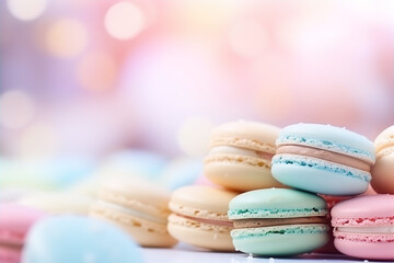 Obraz premium Pastel colours french macaroons on bokeh background. Dessert banner, positive colours
