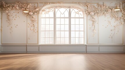 A graceful ballet studio with golden floral patterns adorning the walls, mirrors, and ballet barre, creating an ethereal and elegant backdrop. Enchanting interior design. Generative AI.  - obrazy, fototapety, plakaty