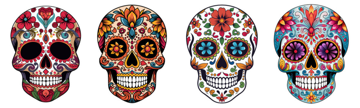 Mexican skulls set. Dia de los muertos shugar colorful heads on transparent background