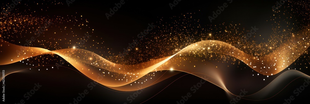 Poster abstract banner background with golden wavy abstract shapes mesmerizing glittering effect design
