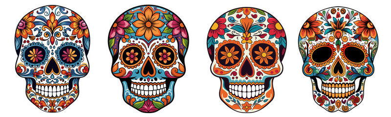 Mexican skulls set. Dia de los muertos shugar colorful heads on transparent background