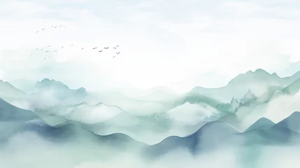 Rolgordijnen A serene watercolor landscape with soft hues of blue and green, creating a peaceful and minimal backdrop for your text or design elements. Background, wallpaper. Generative AI.  © Dannchez